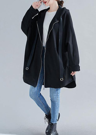 Style hooded zippered Plus Size coats women blouses black oversized outwears - bagstylebliss