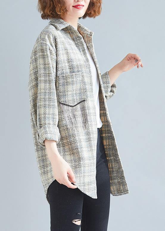 Style khaki plaid tunic pattern baggy spring tops - bagstylebliss