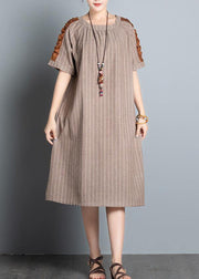 Style khaki striped cotton clothes For Women o neck patchwork Plus Size summer Dresses - bagstylebliss