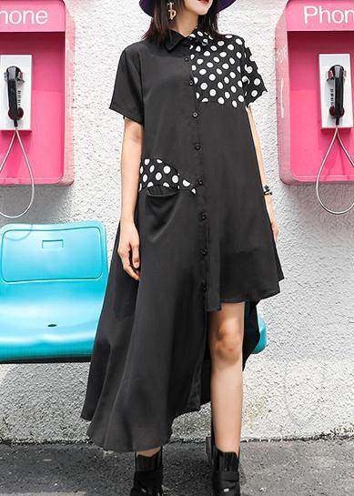 Style lapel asymmetric chiffon Robes boutique Tutorials black dotted Dress Summer - bagstylebliss