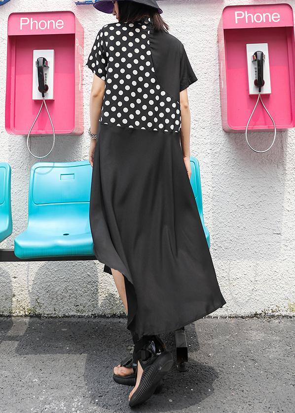 Style lapel asymmetric chiffon Robes boutique Tutorials black dotted Dress Summer - bagstylebliss