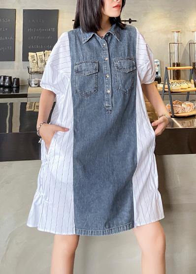Style lapel quilting dresses Runway white striped patchwork denim Dresses - bagstylebliss