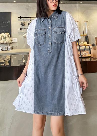 Style lapel quilting dresses Runway white striped patchwork denim Dresses - bagstylebliss