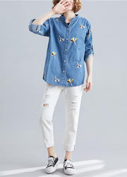 Style light blue cotton tunic pattern stand collar embroidery baggy spring tops - bagstylebliss