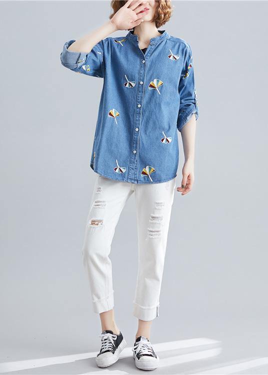 Style light blue cotton tunic pattern stand collar embroidery baggy spring tops - bagstylebliss