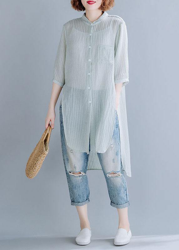 Style light green striped blended shirts side open box sunscreen summer tops - bagstylebliss