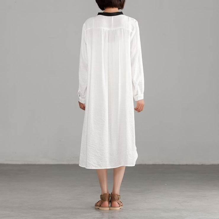 Style linen cotton quilting clothes Pakistani White Long Sleeve Loose Irregular Dress