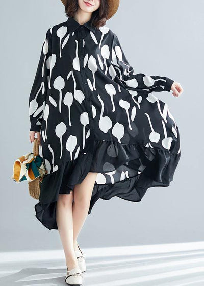 Style low high design cotton dress Work Outfits black prints shirt Dresses summer - bagstylebliss