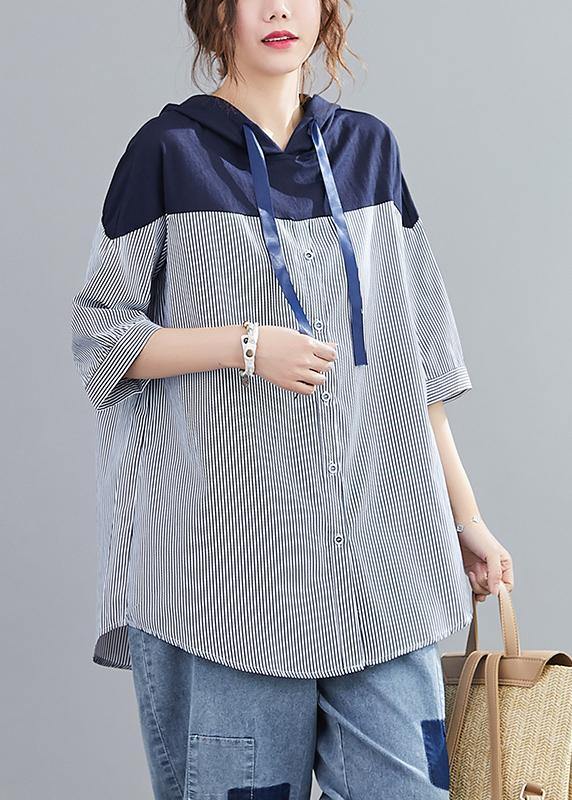 Style navy hooded cotton clothes patchwork baggy summer shirt - bagstylebliss