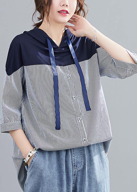 Style navy hooded cotton clothes patchwork baggy summer shirt - bagstylebliss