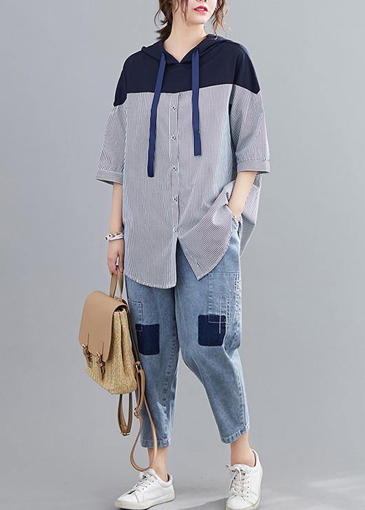 Style navy hooded cotton clothes patchwork baggy summer shirt - bagstylebliss