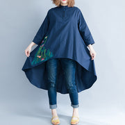 Style navy linen cotton tunics for women Casual Neckline asymmetric Art shirt Dresses