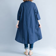 Style navy linen cotton tunics for women Casual Neckline asymmetric Art shirt Dresses