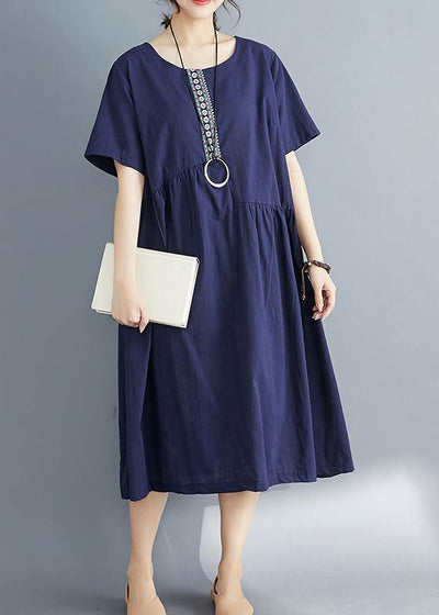 Style navy linen dress plus size Outfits o neck patchwork oversized Summer Dress - bagstylebliss