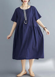 Style navy linen dress plus size Outfits o neck patchwork oversized Summer Dress - bagstylebliss