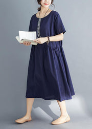 Style navy linen dress plus size Outfits o neck patchwork oversized Summer Dress - bagstylebliss