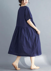 Style navy linen dress plus size Outfits o neck patchwork oversized Summer Dress - bagstylebliss