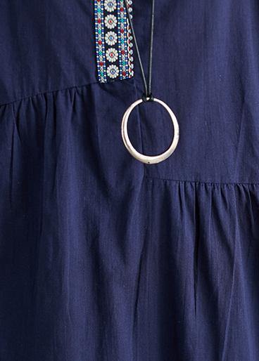 Style navy linen dress plus size Outfits o neck patchwork oversized Summer Dress - bagstylebliss