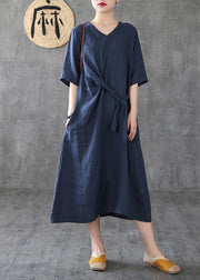 Style navy linen dresses v neck tunic linen robes summer Dress - bagstylebliss