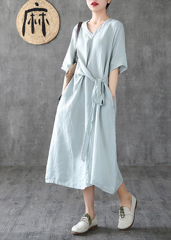 Style navy linen dresses v neck tunic linen robes summer Dress - bagstylebliss