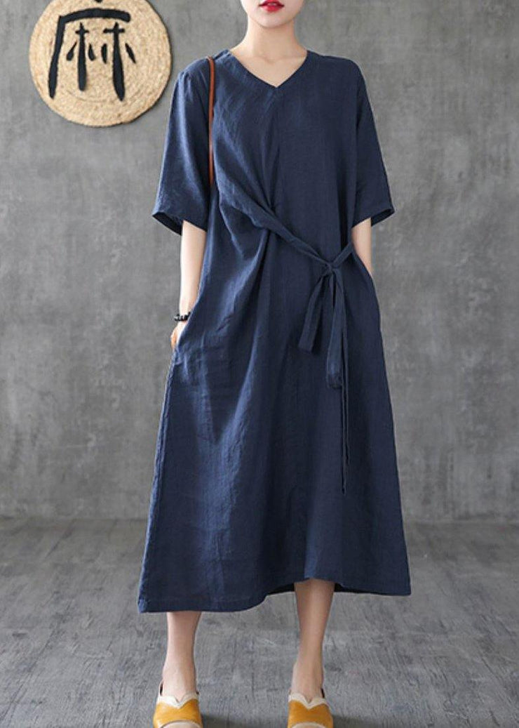 Style navy linen dresses v neck tunic linen robes summer Dress - bagstylebliss