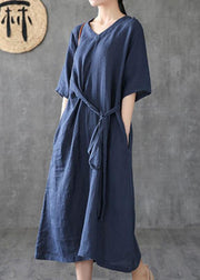 Style navy linen dresses v neck tunic linen robes summer Dress - bagstylebliss