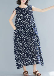 Style navy print cotton dresses o neck sleeveless A Line summer Dress - bagstylebliss