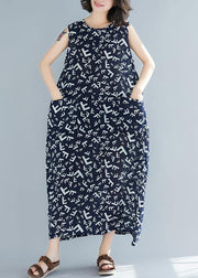 Style navy print cotton dresses o neck sleeveless A Line summer Dress - bagstylebliss