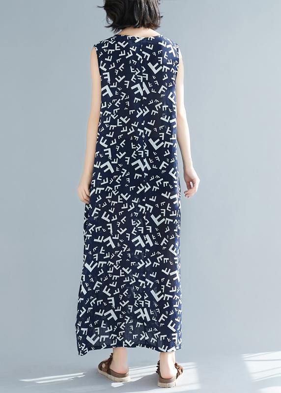 Style navy print cotton dresses o neck sleeveless A Line summer Dress - bagstylebliss