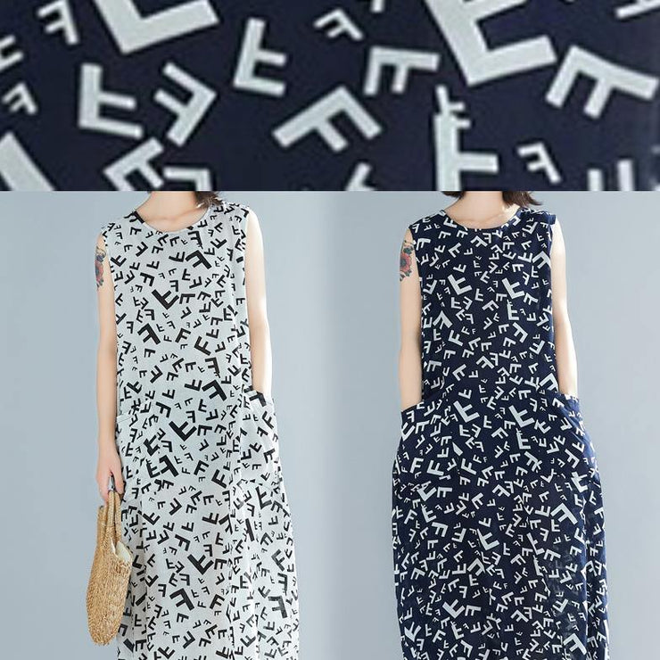 Style navy print cotton dresses o neck sleeveless A Line summer Dress - bagstylebliss