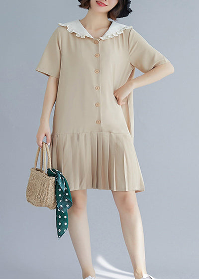 Style nude ruffles hem cotton Long Shirts Sailor Collar A Line summer Dresses - bagstylebliss