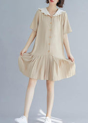 Style nude ruffles hem cotton Long Shirts Sailor Collar A Line summer Dresses - bagstylebliss