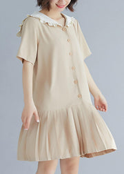 Style nude ruffles hem cotton Long Shirts Sailor Collar A Line summer Dresses - bagstylebliss