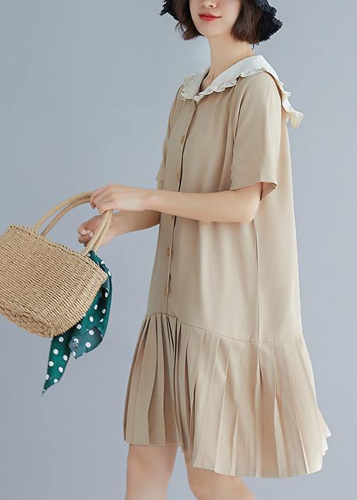 Style nude ruffles hem cotton Long Shirts Sailor Collar A Line summer Dresses - bagstylebliss