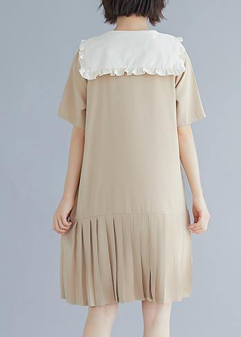 Style nude ruffles hem cotton Long Shirts Sailor Collar A Line summer Dresses - bagstylebliss