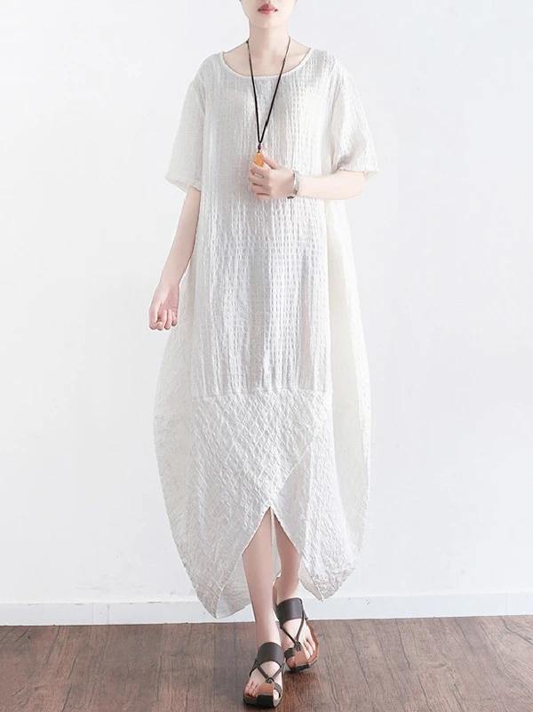 Style o neck asymmetric cotton clothes Shirts white Plus Size Dress summer - bagstylebliss