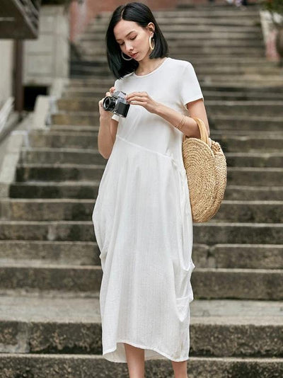 Style o neck asymmetric cotton dress Sewing nude Traveling Dress summer - bagstylebliss