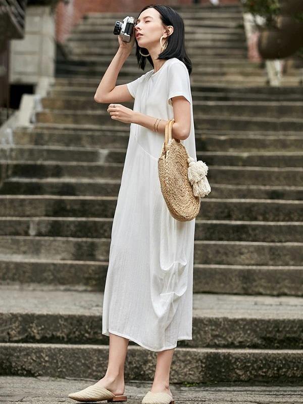 Style o neck asymmetric cotton dress Sewing nude Traveling Dress summer - bagstylebliss