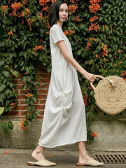 Style o neck asymmetric cotton dress Sewing nude Traveling Dress summer - bagstylebliss