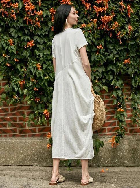 Style o neck asymmetric cotton dress Sewing nude Traveling Dress summer - bagstylebliss