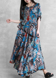 Style o neck asymmetric summer dresses Sleeve blue print robes Dresses - bagstylebliss