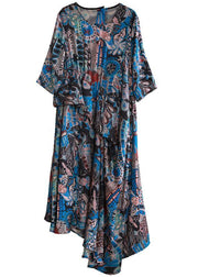 Style o neck asymmetric summer dresses Sleeve blue print robes Dresses - bagstylebliss