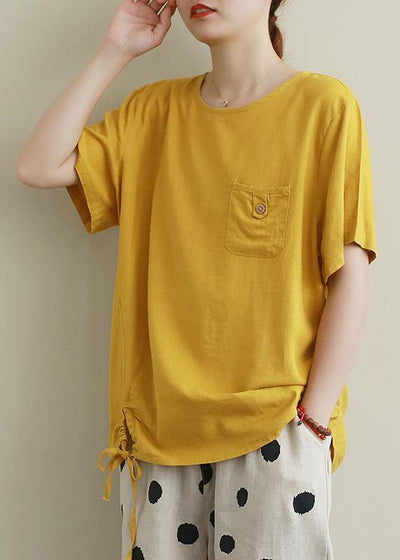 Style o neck drawstring linen cotton summerBlouse yellow baggy shirts - bagstylebliss