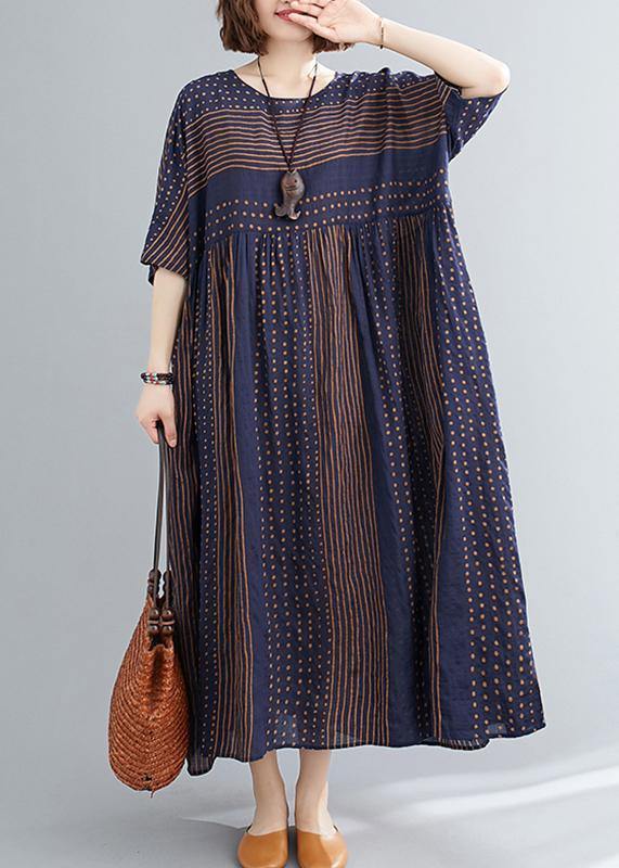 Style o neck exra large hem cotton summer pattern Work blue striped loose Dress - bagstylebliss