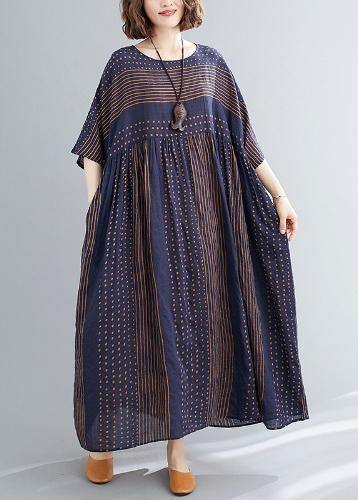 Style o neck exra large hem cotton summer pattern Work blue striped loose Dress - bagstylebliss