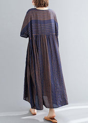 Style o neck exra large hem cotton summer pattern Work blue striped loose Dress - bagstylebliss