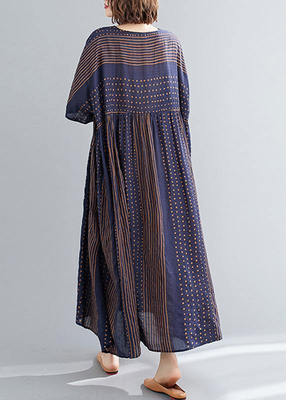 Style o neck exra large hem cotton summer pattern Work blue striped loose Dress - bagstylebliss