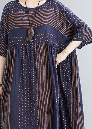 Style o neck exra large hem cotton summer pattern Work blue striped loose Dress - bagstylebliss