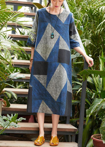 Style o neck patchwork Robes Work blue gray print Dress summer - bagstylebliss