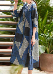 Style o neck patchwork Robes Work blue gray print Dress summer - bagstylebliss